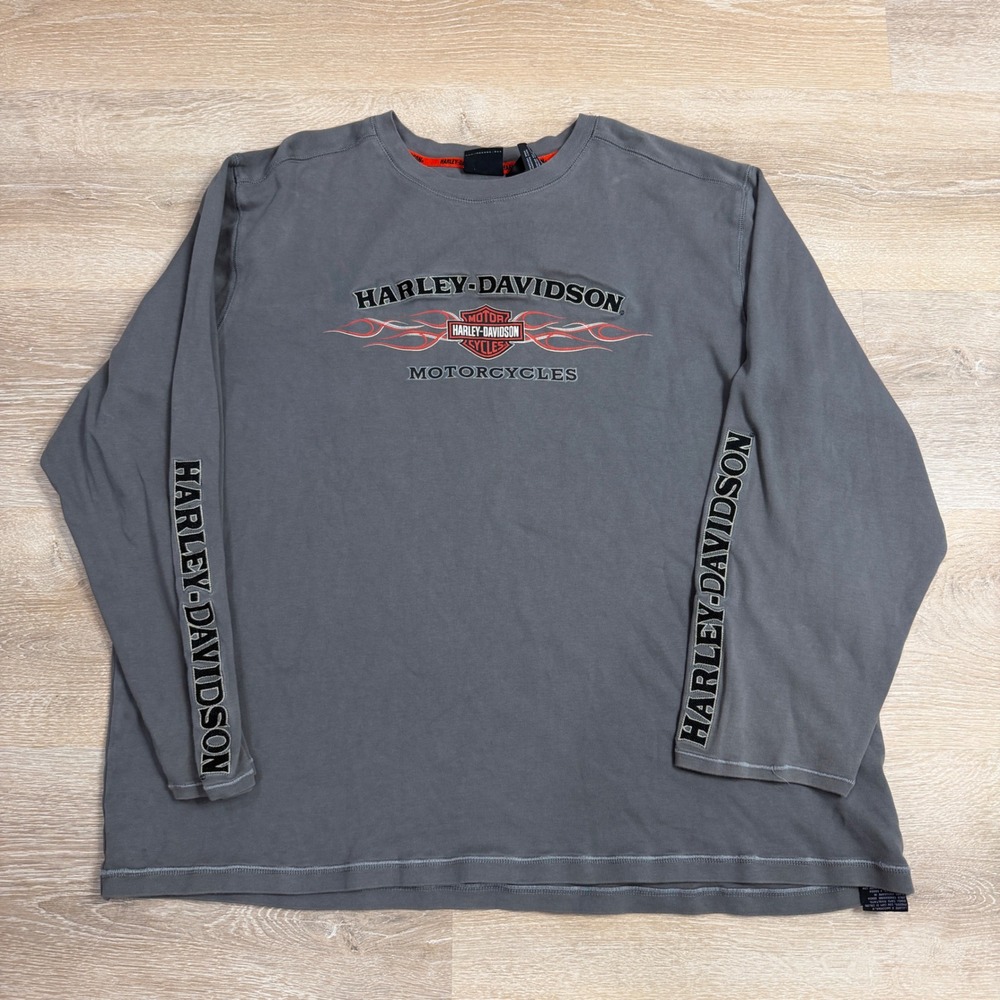 Harley-Davidson Mens 3XL Long Sleeve Embroidered Flame Graphic T-Shirt Grey